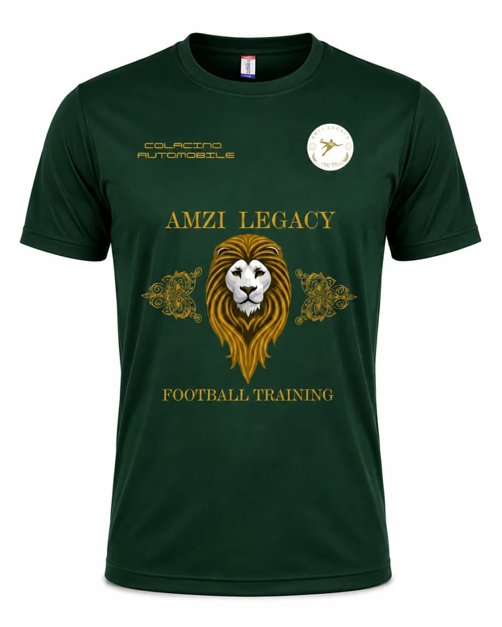 Dunkelgrünes Trikot von Amzi Legacy von vorne: goldener Löwe, Schriftzug „Amzi Legacy Football Training", Signet und Logo von Colacino Automobile auf der Brust